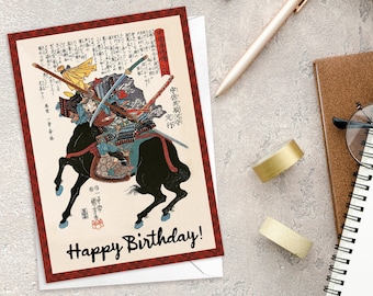 Happy Birthday Japanese Ukiyo-e Art Greeting Card Woodblock Print Aesthetic Utagawa Kuniyoshi Samurai Armour Tattoo O-yoroi Bushido - S89