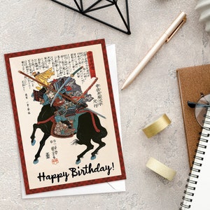 Buon compleanno giapponese Ukiyo-e arte cartolina d'auguri xilografia stampa estetica Utagawa Kuniyoshi Samurai armatura tatuaggio O-yoroi Bushido - S89