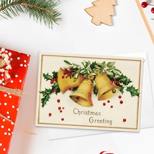 Tarjetas de felicitación victorianas Tarjeta de Navidad Árbol de Navidad Año Nuevo Invierno Edwardiano Británico Vintage Viejo Retro Santa Bells Lindo Único Bonito - B77