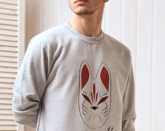 Japanese Sweatshirt – Kitsune Fox Mask – Kitsunemen Calligraphy Kanji Inari Japan Anime Manga Kawaii Graphic Printed Pullover Sweater Jumper