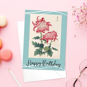 Buon compleanno giapponese Ukiyo-e Art Biglietto di auguri Stampa xilografia Estetica Keika Hasegawa Crisantemi Fiore Bella Calligrafia - K55