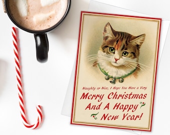Victorian Christmas Card – Kitten Cat, Edwardian Era Greeting Card