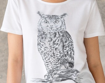 Owl T-Shirt, Artist Pencil Sketch, Animal Graphic Tee