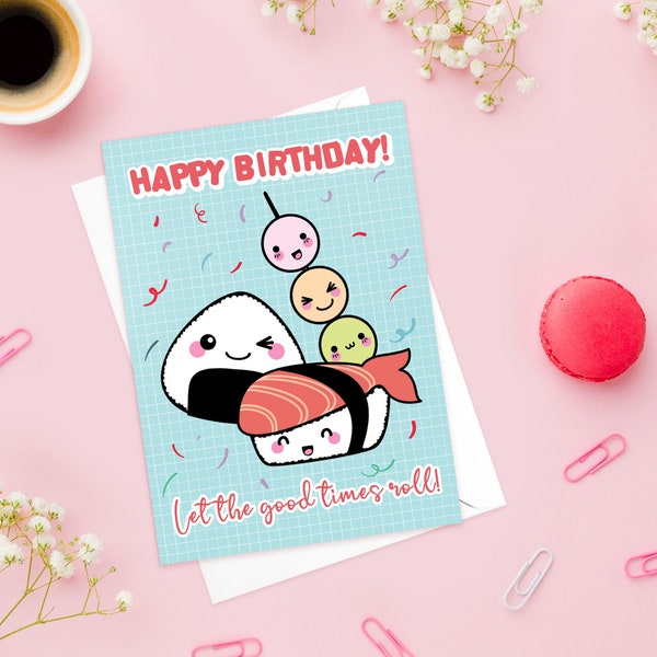 Happy Birthday Greeting Card Print Kawaii Cute Japanese Aesthetic Adorable Sushi Mochi Onigiri with Faces Anime Manga Art Unique Funny - S28