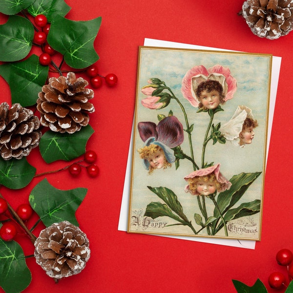 Weird Victorian Greeting Cards Christmas Card Set Xmas New Year Winter Edwardian Vintage Retro Children Flower Head Faces Creepy Funny - F11