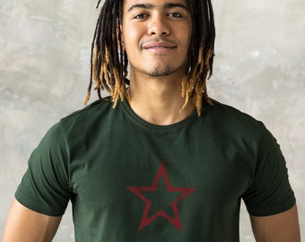 May include: A dark green t-shirt with a red star graphic on the front.