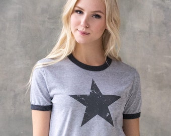 Star Ringer T Shirt Minimalist Abstract Geometric Streetwear Skater Retro Graphic Design 90s Yoga Gym Women's Men's Screen Printed Tee Top