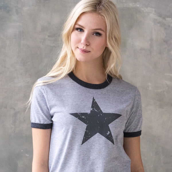 Star Ringer T Shirt Minimalist Abstract Geometric Streetwear Skater Retro Graphic Design 90s Yoga Gym Women's Men's Screen Printed Tee Top