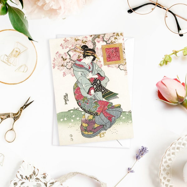 Beauty Sakura Blossom Japanese Ukiyo-e Art Greeting Card Woodblock Print Aesthetic Keisai Eisen Geisha Maiko Beautiful Elegant Luxury - B81
