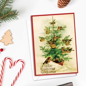 Cartes de vœux victoriennes Set de cartes de Noël Arbre de Noël Nouvel An Hiver Édouardien Vintage britannique Vieux Rétro Robin Oiseaux Mignon Joli - T16