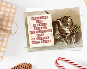 Victorian Christmas Kitten Card – Vintage Style Holiday Greeting