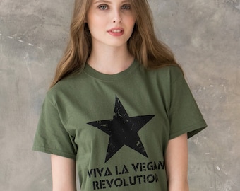 Maglietta Viva La Vegan Revolution - Veggie Slogan Attivista Animal Rights Liberation Star Donna Uomo Unisex Grafica stampata Top Tee Cachi