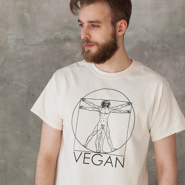 Vegan T Shirt Da Vinci Vitruvian Man Vegetarian Veggie Edgy Art Geometric Minimalist Be Kind Nice Slogan Men's Women's Graphic Printed Tee