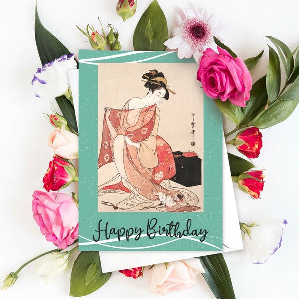 Joyeux anniversaire japonais Ukiyo-e Art Carte de vœux Gravure sur bois Esthétique Kitagawa Utamaro Geisha Maiko Chat Neko Mignon Kimono Joli - T99