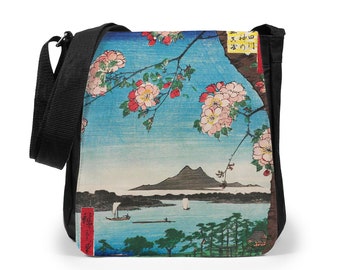 Japanse Ukiyo-e Reporter Tablet Bag Woodblock Art Sakura Cherry Blossoms Hiroshige Utagawa Pretty Womens Mens Gedrukt Cross Body Schouder