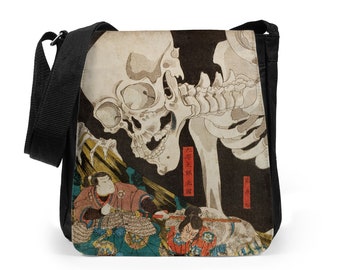 Japanese Ukiyo-e Reporter Tablet Bag Woodblock Art Kuniyoshi Mitsukuni and the Skeleton Specter Womens Mens Printed Cross Body Shoulder Bag