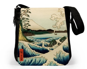 Japanese Ukiyo-e Reporter Tablet Bag Woodblock Art Hiroshige Wave Mountain Mount Fuji San Women Mens Graphic Printed Cross Body Shoulder Bag