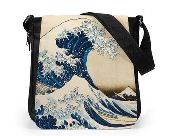 Borsa per tablet giapponese Ukiyo-e Reporter Woodblock Art Hokusai La grande onda Monte Fuji San Borsa a tracolla a tracolla con grafica stampata da uomo e da donna