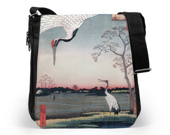Ukiyo-e Crane Tablet Bag, Japanese Woodblock Art Crossbody
