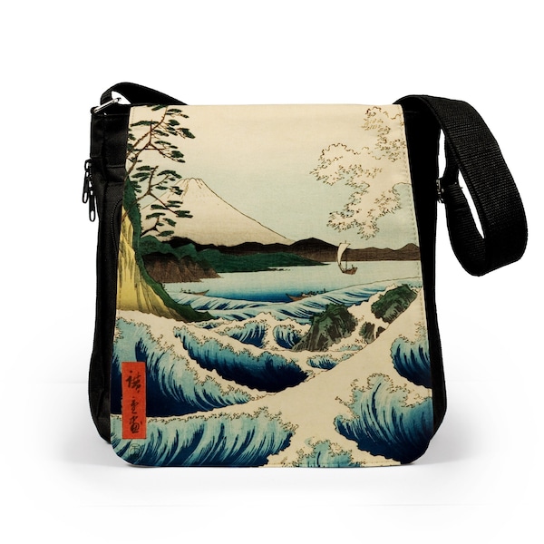 Bolsa para tableta de arte Ukiyo-e con grabado en madera: Diseño de olas del monte Fuji de Hiroshige