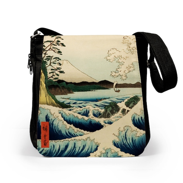 Japanese Ukiyo-e Reporter Tablet Bag Woodblock Art Hiroshige Wave Mountain Mount Fuji San Women Mens Graphic Printed Cross Body Shoulder Bag