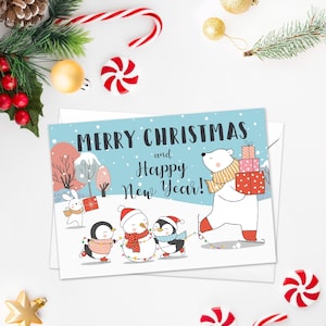 Cartão de Natal Kawaii Feliz Natal Árvore Ano Novo Inverno Bonito Pinguins Urso Polar Boneco de neve Retro Papai Noel Bolos de presente fofos - W79