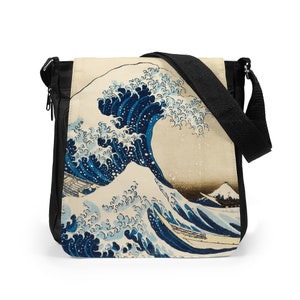 Japanese Ukiyo-e Reporter Tablet Bag Woodblock Art Hokusai The Great Wave Mount Fuji San Womens Mens Graphic Printed Cross Body Shoulder Bag