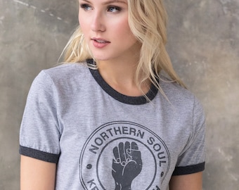 Northern Soul Ringer T Shirt Keep The Faith Fist Hand Logo Distressed Retro Mod Mods Soul Music 60s 70s 80s Vintage Womens Mens Printed Tee