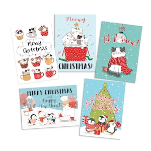 Tarjetas de felicitación kawaii, juego de 5 tarjetas navideñas, árbol de Navidad, Año Nuevo, invierno, bonitos gatos, gatitos, pingüinos, osito de peluche, Papá Noel retro, adorable, lindo