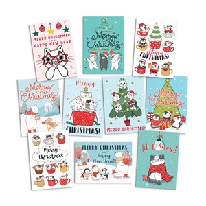 Tarjetas de felicitación kawaii Juego de 10 tarjetas navideñas Árbol de Navidad Año nuevo Invierno Gatos bonitos Gatitos Pingüinos Osito de peluche Papá Noel retro Gatitos Mlem Lindos