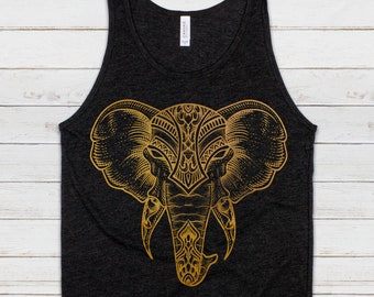 Elephant Tank Top Traditional Indian Henna Tattoo Gold Print Yoga Inspirational Mandala Lotus Hindu Animal Womens Mens Printed Vest Cami Tee