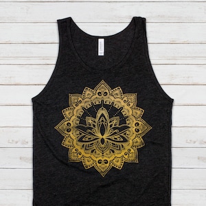 Lotus Mandala Tank Top Traditionelle indische Henna Tattoo Gold Print Yoga Inspirierend Buddhismus Hindu Tier Damen Herren bedruckte Weste Cami Tee