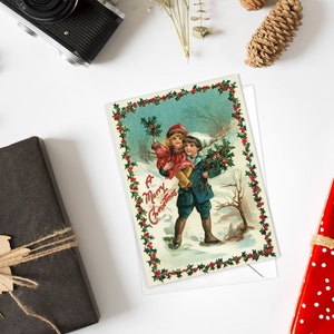 Biglietti di auguri vittoriani Cartolina di Natale Albero di Natale Capodanno Inverno Edoardiano Vintage Vecchio Retrò Santa Fratello Sorella Bambini Carino - C22