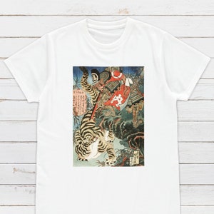 Japanese Ukiyo-e T Shirt Woodblock Art Utagawa Kunisada Samurai Bushido Tiger Japan Martial Arts Calligraphy Womens Mens Graphic Printed Tee