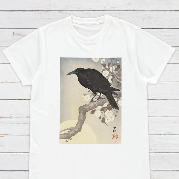 Japanese Ukiyo-e T Shirt Woodblock Art Ohara Koson Shoson Crow Raven Rook Bird Tattoo Moon Kanji Calligraphy Womens Mens Graphic Printed Tee