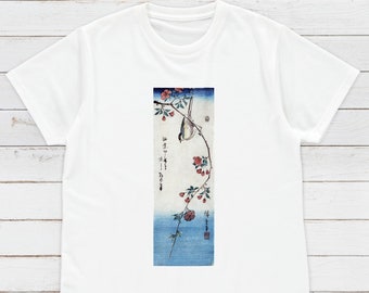 Japanese Ukiyo-e T Shirt Woodblock Art Hiroshige Flowers Bird Sakura Japan Traditional Kanji Calligraphy Womens Mens Graphic Printed Tee