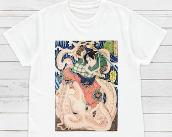 Ukiyo-e T-Shirt: Samurai vs Octopus, Japanese Woodblock Art