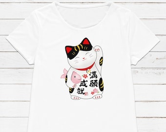 Japanese Lucky Cat T-Shirt, Kawaii Anime Graphic Tee