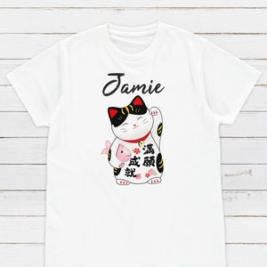 Custom Personalised T Shirt Japanese Lucky Cat Maneki Neko Kawaii Personalized Your Name Anime Text Customised Cute Womens Mens Printed Tee