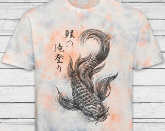 Koi Karpfen Japanische Kalligraphie T Shirt Tie Dye Marmor Japan Kanji Schriftzug Yoga Drache Samurai Pastell Ombre Getaucht Damen Herren Print Tee