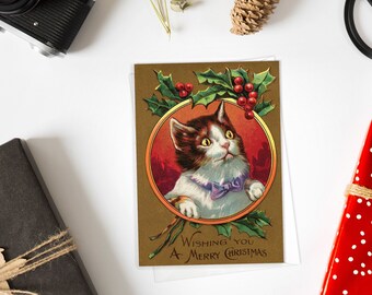 Victorian Christmas Card – Kitten with Holly, Antique Style