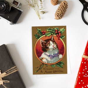 Cartes de vœux victoriennes Jeu de cartes de Noël Arbre de Noël Nouvel An Hiver Édouardien vintage Antique Retro Cats Chaton Kawaii Kitsch Mignon - P88