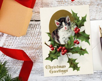 Victorian Christmas Card – Kitten and Holly, Vintage Greeting