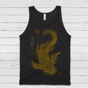 Koi Carp Japanese Calligraphy Tank Top Gyotaku Traditional Art Ukiyo-e Japan Kanji Anime Manga Kyoto Kawaii Womens Men Printed Vest Cami Tee Black (Gold Print)