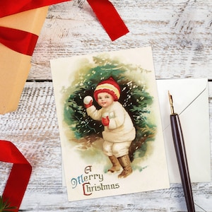 Cartes de vœux victoriennes Carte de Noël Arbre de Noël Nouvel An Hiver Édouardien vintage Vieux Rétro Père Noël Boule de Neige Combat Enfant Mignon Kawaii - B05