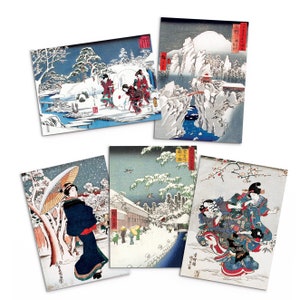Japanse Ukiyo-e Art Wenskaarten kerstkaart set Xmas Nieuwjaar Winter Woodblock Print Esthetische Hiroshige Hokusai Haiku Pretty Elegant