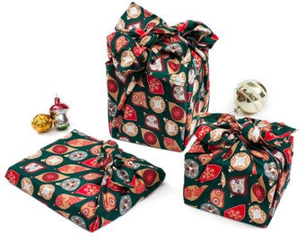Christmas Baubles Furoshiki, Reusable Gift Wrap: Hand-Finished in England