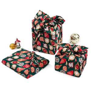 Christmas Baubles Furoshiki, Reusable Gift Wrap: Hand-Finished in England