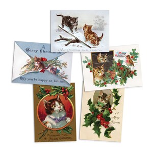 Vittoriano Biglietti di auguri Natale Set Di Cartoline Natale Albero di Natale Inverno Edoardiano Inglese Britannico Vintage Retrò Santa Robin Gatti GattiNi Carino
