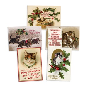 Victoriaanse wenskaarten kerstkaart set kerstboom nieuwjaar winter Edwardian schattige Britse vintage retro santa robin katten kittens kitsch